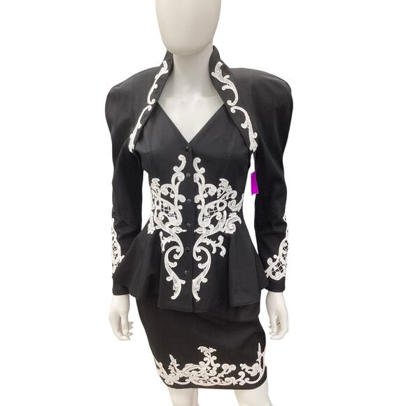 Vintage IIF Set Women’s Size: S - Blazer XS - Skirt White Appliqué Black - Picture 1 of 7